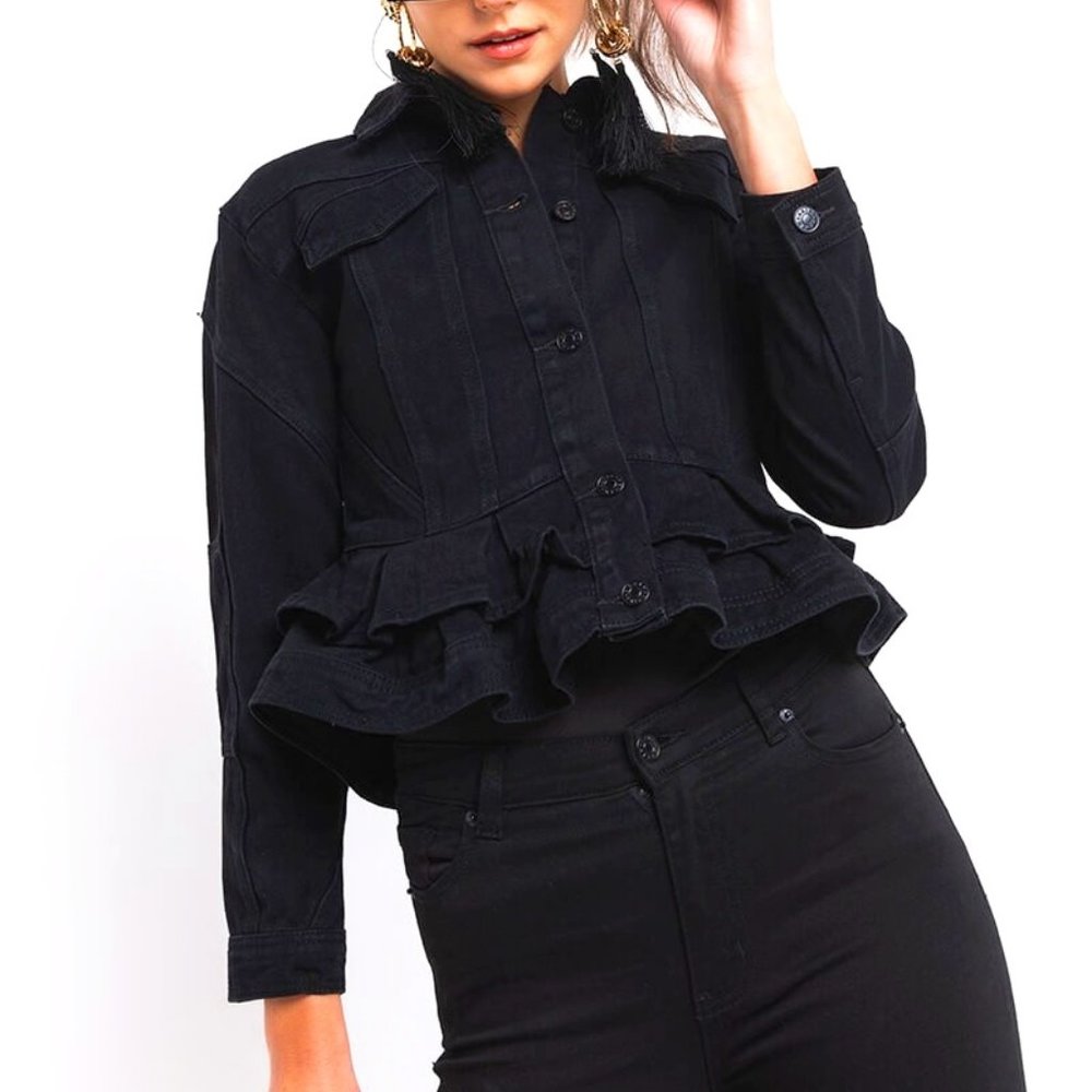 Black denim, peplum jacket, brand new.